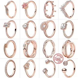 925 Silver Women Fit Pandora Ring Original Heart Crown Fashion Rings Crown Multi Layer Sparkling Rose Gold