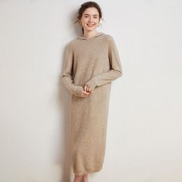 Casual Dresses High-end Pure Cashmere Sweater Long Dress Women Sleeve Knitted Female Solid Color Fashion Hooded Pullover