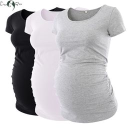 Family Matching Outfits Maternity Tees Clothes Ropa Embarazada Shirt O Neck Tops Pregnancy TShirt Casual Flattering Side Ruching Pullover 230303