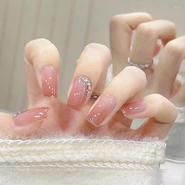 False Nails 24pcs Rhinestones Gradient Pink Fake Press On Short Square Wearable French With Design Acrylic Nail Tips