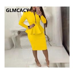 Two Piece Dress Women Ol Suits Long Sleeve Peplum Top Midi Skirt Set 210730 Drop Delivery Apparel Womens Clothing Sets Dh4Xr