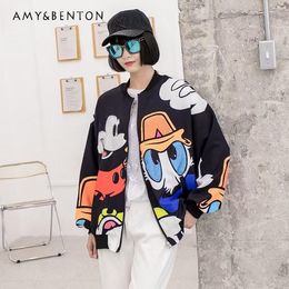 Women's Jackets Women's Spring And Autumn Cartoon Rhinestone Printed Coat Loose Slim-Fit Jacket Top Ladies Casual Round Neck Coats