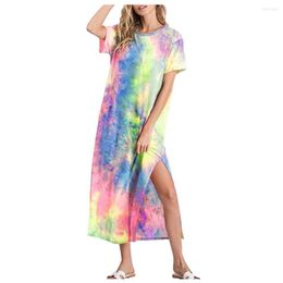 Women's T Shirts Soft Summer Dress 2023 Fashion Shirt Dresses Women Sexy Tie-dye Print Short Sleeves O-Neck Loose Long Tshirt Maxi