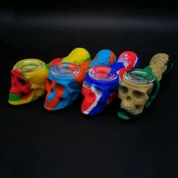 Multifunctional Colorful Silicone Skull Style Pipes Herb Tobacco Oil Rigs Storage Stash Case Glass Hole Filter Bowl Handpipes Smoking Cigarette Straw Spoon Holder