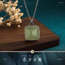 Chains Retro Distressed Plating Thai Silver Craft Inlaid Imitation Hetian Jade Safe Square Plate Pendant Necklace