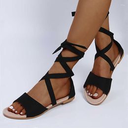 Sandals Gladiator Women Cover Heel Lace-Up Flat Sandal 2023 Summer Female Outside Casual Walk Beach Shoes Beige Plus Size 43