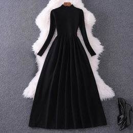 2023 Spring Black Solid Color Knitted Peplum Midi Dress Long Sleeve Round Neck Casual Dresses M3M038152