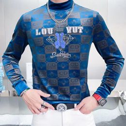 Men's T Shirts Luxury Rhinestone Crown Tshirt Men Club Outfits Golden Velvet Cartoon Alphabet Print Casual Half Turtleneck Tee Homme