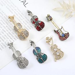 Fashion Musical Instruments Brooches Guitar Piano Rhinestone Crystal Enamel Lapel Pins for Women Girl Suit Pin Accessories