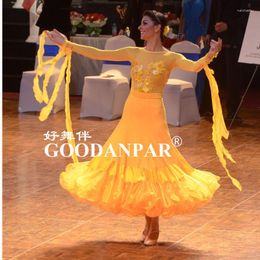 Stage Wear ! Costumes Ballroom Dance Dress For Women Competition Dresses Standard White Dancing Clothes Long Sleeveostrich Yellow