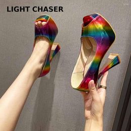 Dress Shoes 2023 Spring Summer Women's High Heels Fashion Colour Matching Wine Glass With Fish Mouth Sandals Nightclub Super Heel Pumps