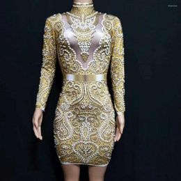 Stage Wear Boutique Fashion Ice Silk Round Collar Long Sleeve Sexy Dress Golden Silvery Costume Evening Party Bar Nightclub