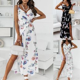 Casual Dresses 2023 Party Slip Femme Robe Summer Women Sexy Boho Maxi Dress Elegant Woman V-neck Backless Sleeveless Floral Print Beach