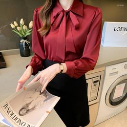 Women's Blouses Chikichi 2023 Spring And Autumn Style Korean Fashion Elegant Bow Tie Pure Color Satin Ladies Long-sleeved Button Shirt