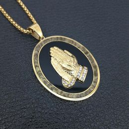 Pendant Necklaces Selling Enamel Embossed Praying Hands Round Plaque For Mens Women's Faith Religion Necklace Accessories Jewelry GiftPe