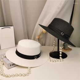 Wide Brim Hats Women's Hat Pearl Straw Sun Breathable Big Beach Summer Boater Round Flat Top HatWide