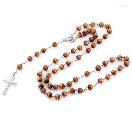 Pendant Necklaces Wooden Beaded Rosary Necklace Cross Jesus For Men Woman Christian Religious Male Jewelry