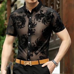 Men's Casual Shirts Mens Short Sleeve Single Breasted See Through Silk Tops Top Jacquard Black Blue C5Men's