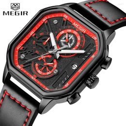 Wristwatches MEGIR Chronograph Analog Quartz Watch Men Square Dial Leather Strap Fashion Sport Male Youth With Auto Date