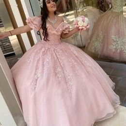 Pink 2023 Light Quinceanera Dresses Lace Applique Off The Shoulder Neckline Custom Made Sweet 15 16 Princess Pageant Ball Gown Vestidos