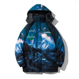 Men's Down Winter Jacket Men Thick Warm Parka Casual Loose Harajuku Mens Parkas Coats Hooded Mountain Print Male