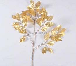 Decorative Flowers 12pcs 55cm Length Gold Banyan Tree Leaf Leaves Branch Artificial Silk For Wedding Home Office Party Christmas Decoration