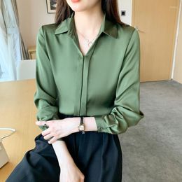 Women's Blouses Spring 2023 Women Blouse Turndown Collar Office Lady Tops Solid Colour Long Sleeve Satin Silk Chiffon Shirt Blusa