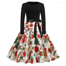 Casual Dresses Christmas Retro For Women Long Sleeve O-Neck Big Swing Elegant Print Dress Patchwork Robe CoCasual