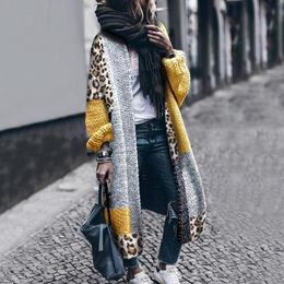 Women's Sweaters Color Block Cardigan Sweater Fashion Casual Loose Extra Long Sleeve Leopard Print Jacket