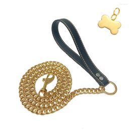 Dog Collars 12mm Wide 18K Gold Plated Chain Leash Leather Handle With Customised ID Tags Pet Collar For Large Medium Small Dogs