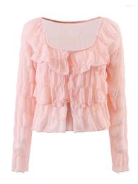 Women's Blouses Sweet Women Bubble Wrinkle Layered Ruffle Trim Pink Blouse Fashion 2023 Long Sleeve Gentle Cardigan Female Summer Crop Top