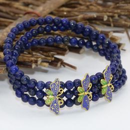 Strand Natural Blue Lapis Lazuli 4mm Round Beads 3 Rows Multilayer Elastic Bracelets High Grade Gifts Cloisonne Spacers Jewellery B2777