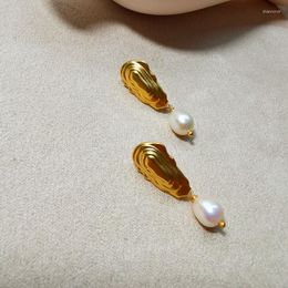 Stud Earrings Simple Retro Gold Hammer Surface Irregular Texture Freshwater Pearl Ear Studs