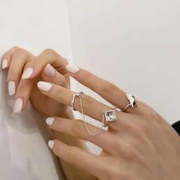 Cluster Rings Sterling Silver White Zircon Tassel Chain Accessories INS Fashion Creative Irregular Geometric JewelryCluster Eloi22