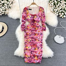 Casual Dresses Runway Celebrities Sheath Sexy Corset Floral Printed Bodycon Mesh Tulle Dress Women 2023 Summer Autumn Midi Long Party