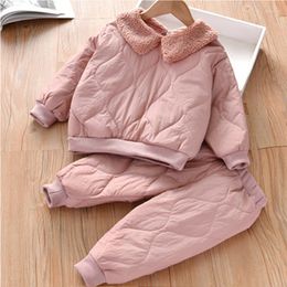 Jackets Winter Girl Clothes Sets For Kids Lapel Pants 2pcs Plus Velvet Thick Coats Toddler Children Spring