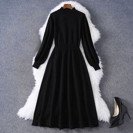 2023 Spring Black Lantern Sleeve Knitted Tassel Dress Solid Color Long Sleeve Round Neck Midi Casual Dresses M3M03A394