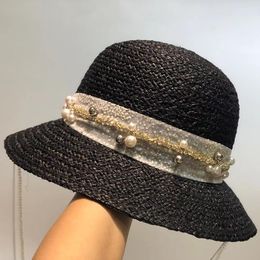 Stingy Brim Hats Japanese Lafite Straw Hat Women's Summer Sunscreen Sun Basin Small Fresh Pearl Diamond Decorated Fisherman's