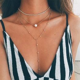 Choker Fashion Layered Necklace For Women Luksus Crystal Rhinestone Faux Pearl Female Naszyjnik Halsketting In Gold Tone