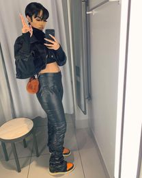 Women's Pants Ruched Stacked Leather Leggings Casual Pu Warm FemaleTrousers Slim Fit Autumn High Waist & Capris