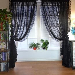 Curtain Black Floral Tulle Ruffle Lace Vintage Voile Sheer Curtains For Bedroom Romantic Flower Light Filtering Window Drapes Custom