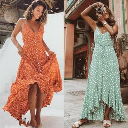 Casual Dresses Girls Summer Spaghetti Boho Maxi Dress Women Strap Sweet Dot Long Ladies Beach Sundress Vestido De Mujer