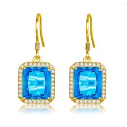 Dangle Earrings Drop Gold 18K Blue Topaz Gemstone For Women Genuine Silver 925 Jewellery Fine Bridal Wedding Jewellery