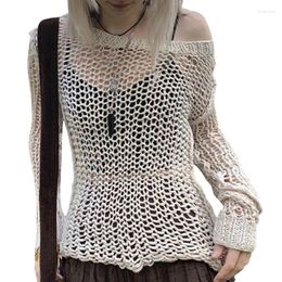 Women's T Shirts Hollow Out Cropped Knit Smock Top Vintage Loose Distressed Crochet Pullovers Casual Chic Crop Cloth