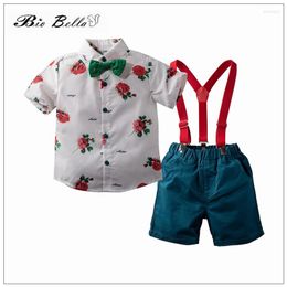 Clothing Sets Kids Boys Summer Suit Fashion Baby Boy Clothes Flower Short Sleeve Tops Belt Pants Birthday Wedding 1-5Y Outfits