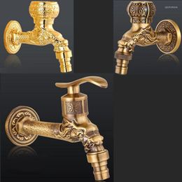 Bathroom Sink Faucets Retro Longer Garden Faucet Antique Brass Wall Mounted Washing Machine Pattern Engraving Tap