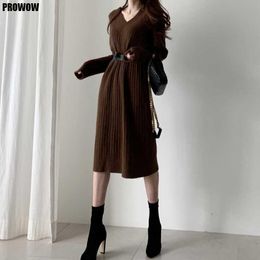 Casual Dresses Korean One Piece Lady Dress French Loose Knitted Sweater 2023 Autumn Winter Women V-Neck KniDress Midi