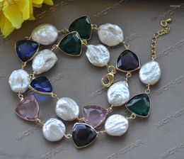 Chains Z12405 21" 16mm White Coin FW Pearl Multicolor Faceted Crystal CZ Necklace