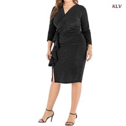 Casual Dresses Women 3/4 Sleeve Sexy Glitter Ruched Wrap V-Neck Bodycon Midi Long Pencil Dress Side Ruffled Slit Hem Clubwear 6XDACasual