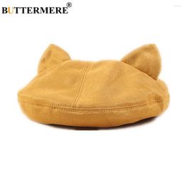 Berets BUTTERMERE Hat With Ears Women Yellow Suede Beret Female Autumn Winter Brand Kawaii Caps For